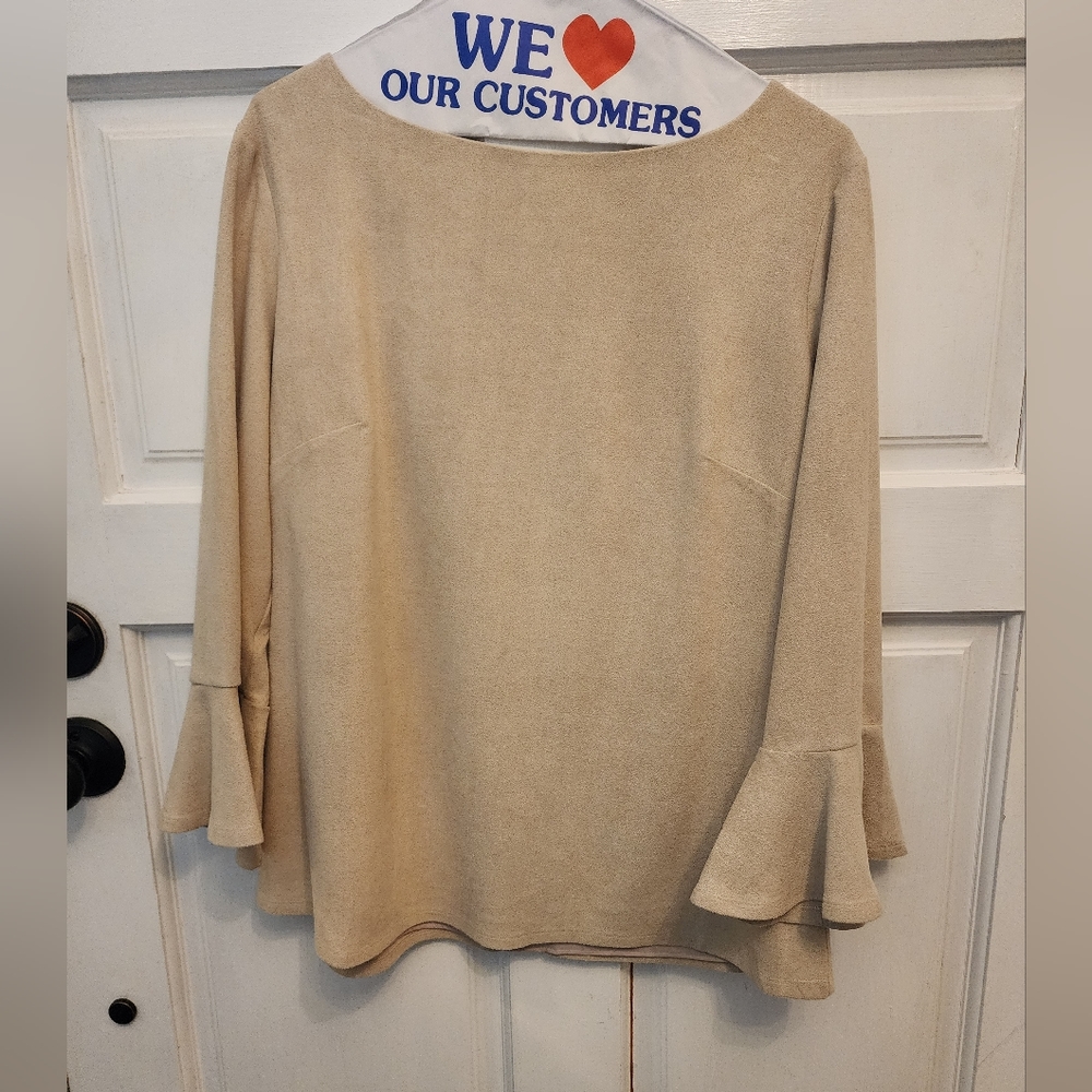 STS Sail to Sable Faux Suede Flutter bell sleeve tan blouse top size large